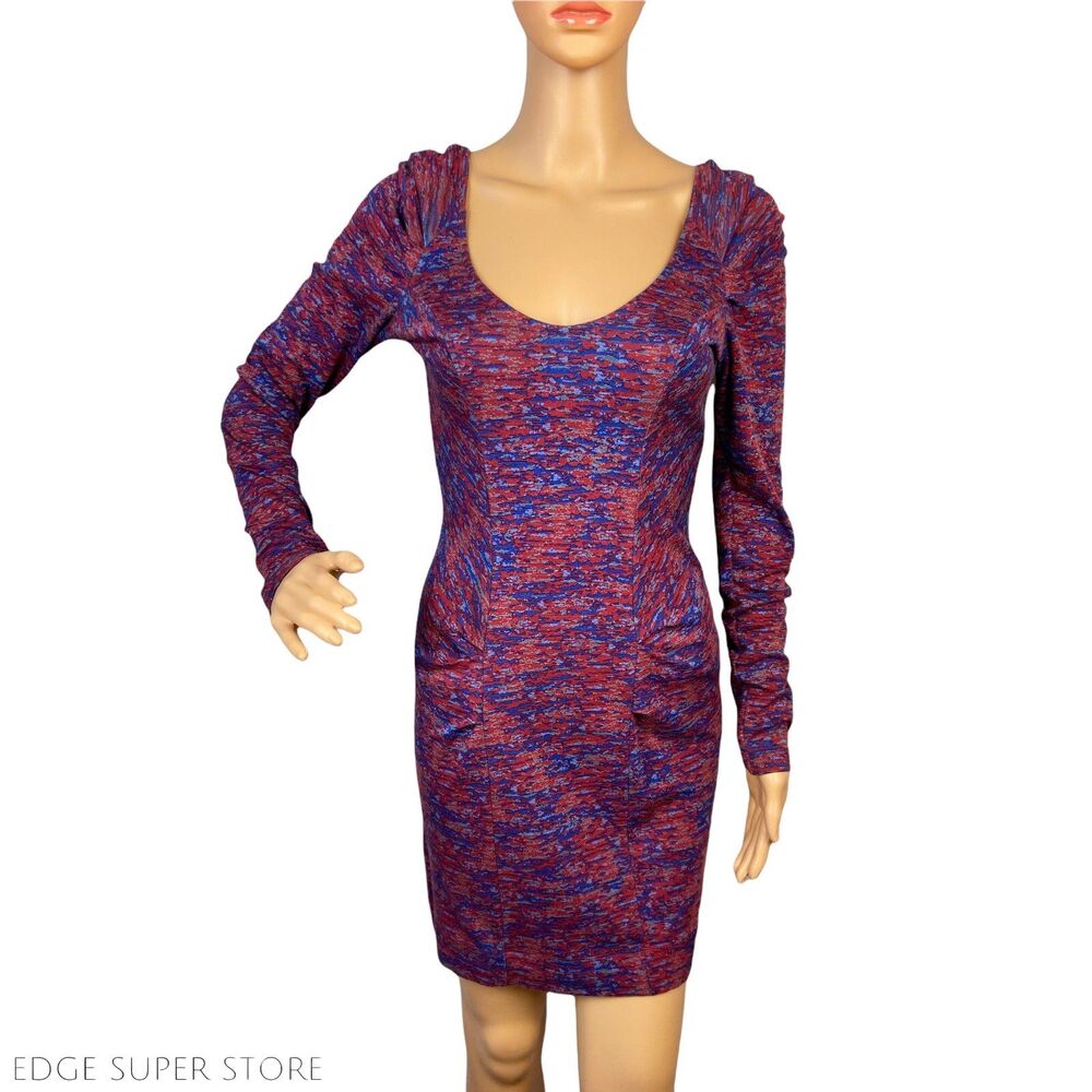 BCBGeneration Red Blue Purple Open Strappy Back Long Sleeve Mini Dress Sz Small